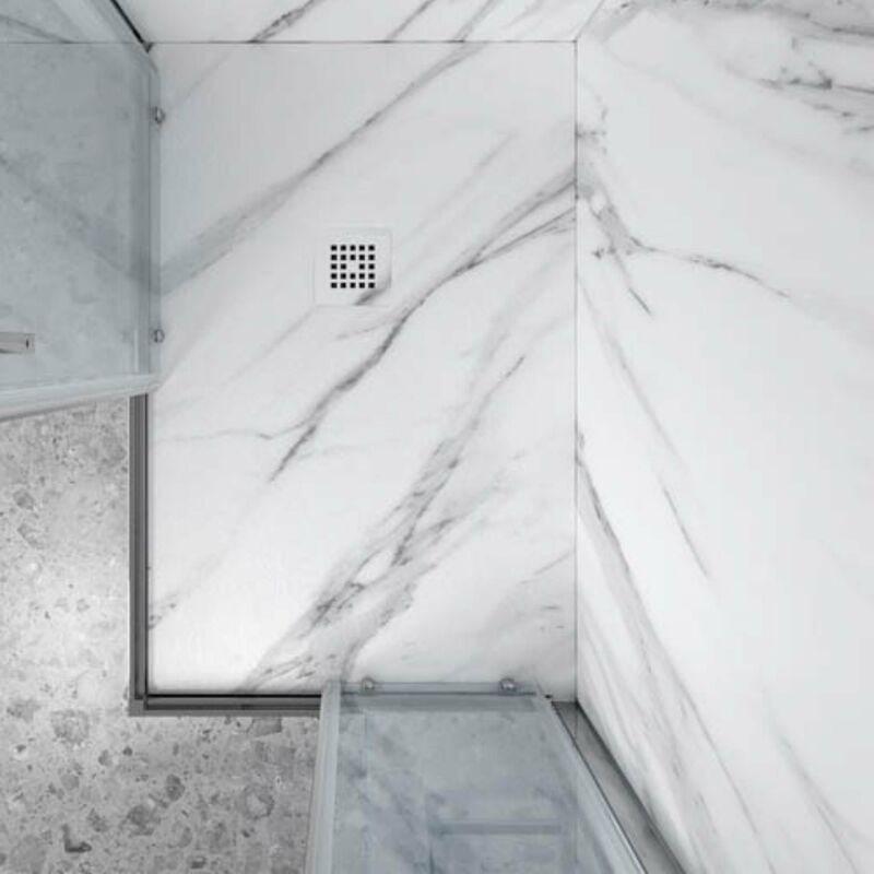 

Plato de Ducha de Resina Mineral - Efecto Mármol Mate - Antideslizante y Antibacteriano - Incluye Sifón y Rejilla (90x150 cm, Calacatta)