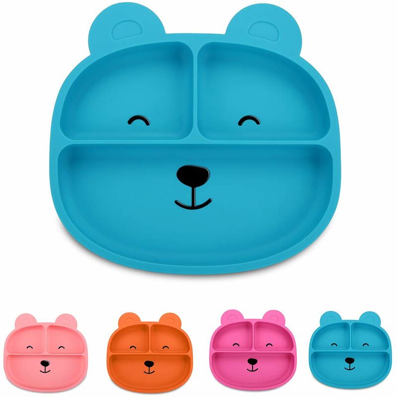 

Plato de silicona ventosa, plato dividido, plato para niños pequeños, sin BPA, apto para microondas, lavavajillas, oso azul - Litzee