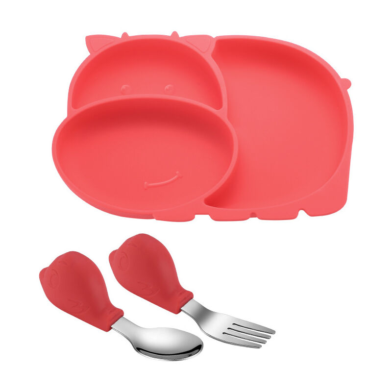 Plato de ventosa roja para bebé Vajilla de silicona Cubiertos