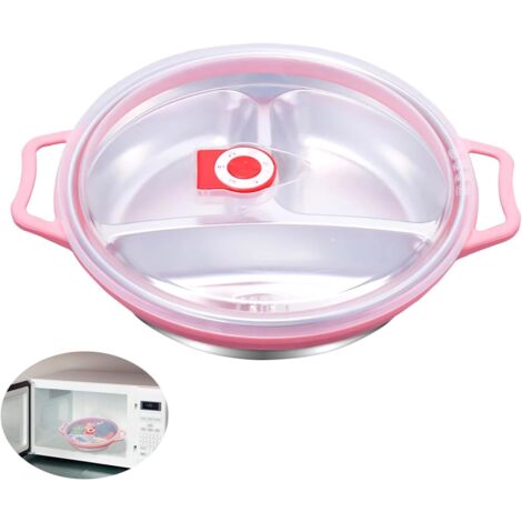 Plato para Microondas con Tapa 1300 m Plato de Acero Inoxidable para Microondas y Congelación de Alimentos con 3 Compartimentos Tapa con Ventilación Libre de BPA 22 x 5 cm (Rosa)