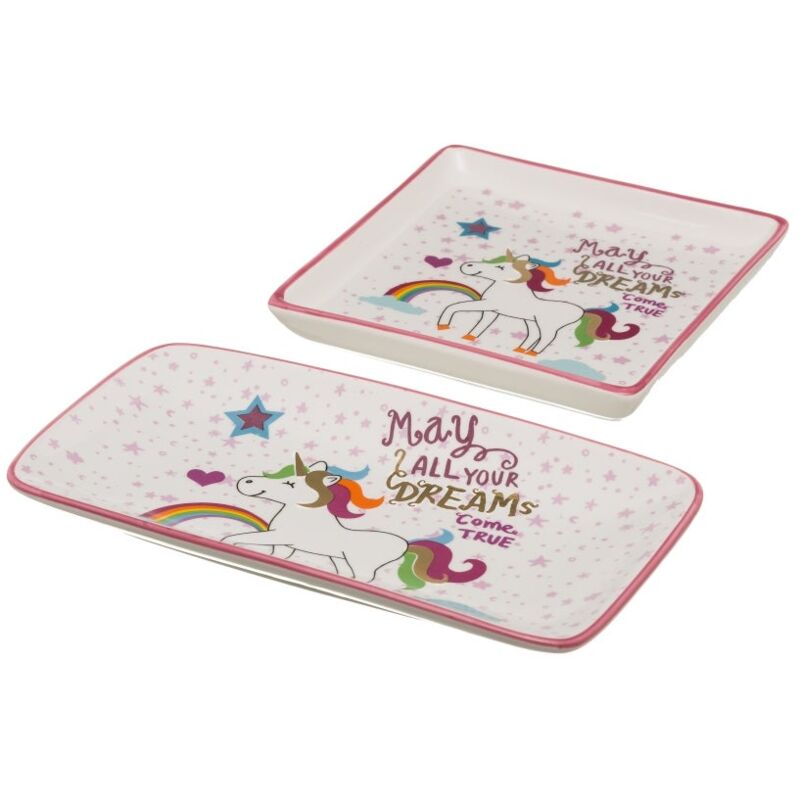 

Plato unicornio infantil rosa de porcelana de 12x23 cm. Compra mínima 4 unid
