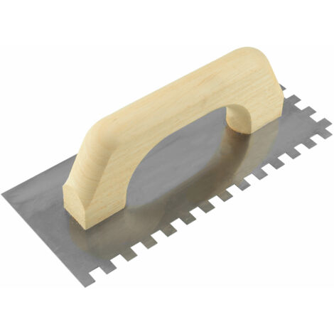 Platoir modèle espagnol - Lame inox  denté carré 6x6x6 mm – 28x12 cm – Épaisseur 0,6 mm – Poignée fermée en bois