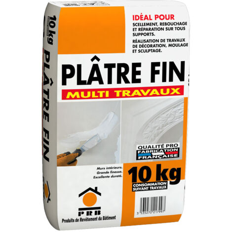Plâtre Fin 10kg - Rebouchage, Scellement et Décoration - Prise Rapide - Application Facile - Finition Lisse - Pour Murs et Plafonds Intérieurs