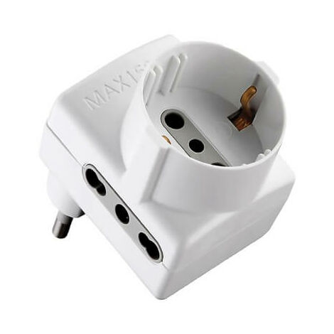 „Platzsparende“ Dreifach-Adaptersteckdose: 2X2P +T 16A Bypass Schuko. 1X2P+T Schuko