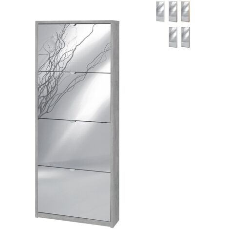 Platzsparender schmaler Schuhschrank mit vier Spiegeltüren Beton Cemento 63x18x h154 cm