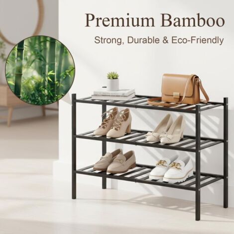 Platzsparendes 3-stöckiges Schuhregal aus Bambus, schwarz, 69 × 28 × 49,9 cm – Stabiles Schuhregal für Flur, Eingangsbereich, Schlafzimmer