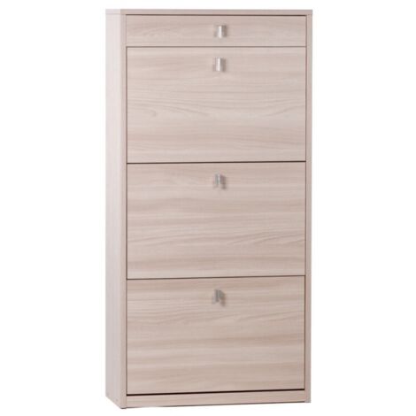 Platzsparendes schmales Schuhregal drei Türen eine Schublade Light Elm 63x29x H127 cm