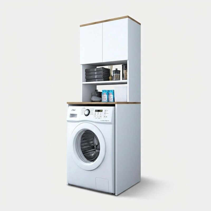 Mobilier1 Platzsparendes Waschmaschinenabdeck-regal Mit Hängeschrank Und Ablagen Kd101 - Weiß