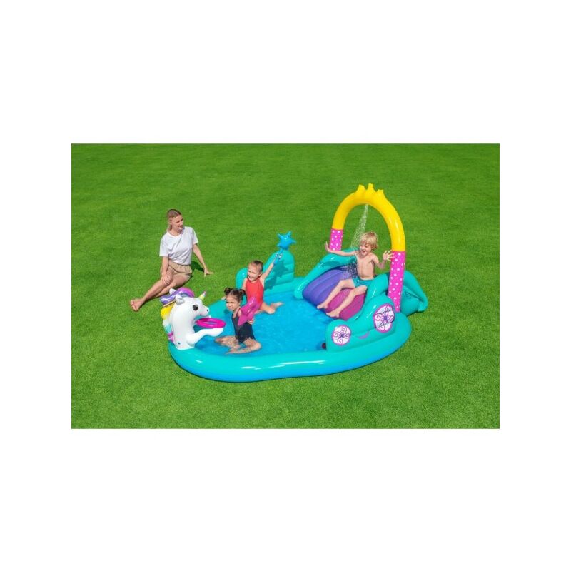 Trade Shop Traesio - Play Center Unicornio Mágico Piscina 274X198X137Cm Anillos Deslizantes Varita 53097