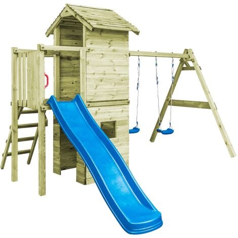 Playhouse with Ladder, Slide and Swings 390x353x268 cm Wood