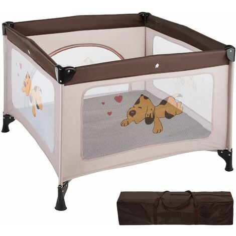 Playpen Tommy Junior - stable, foldable, mesh with side zip opening, 105 x 105 x 78 cm - baby playpen, child playpen, kids playpen - brown