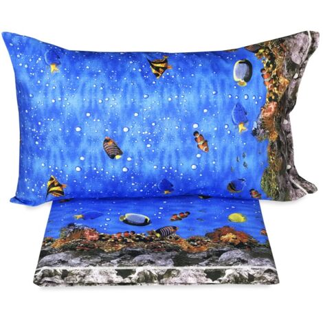 PLEIN DRAP de lit, DRAPS de la NATURE, la MER, les RÉCIFS coralliens, en pur coton 2 PLACES