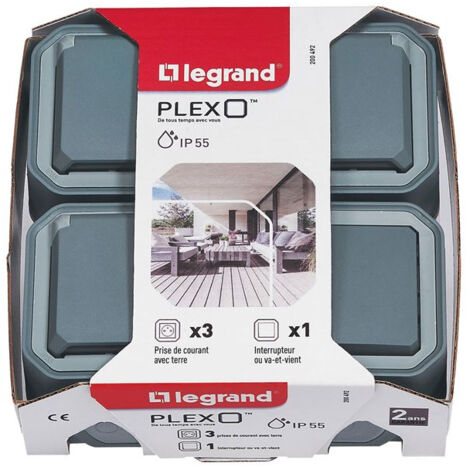 Plexo gris complet lot de 3 prises 2p+t et 1 interrupteur - LEGRAND