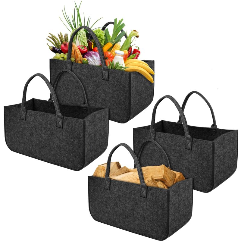 Lot de 4 Sacs en Pliable Grand Panier Shopper en Feutre pour Bois de Cheminée Sacs pour Bois Journaux, 50x25x25 cm - Anthracite Naizy