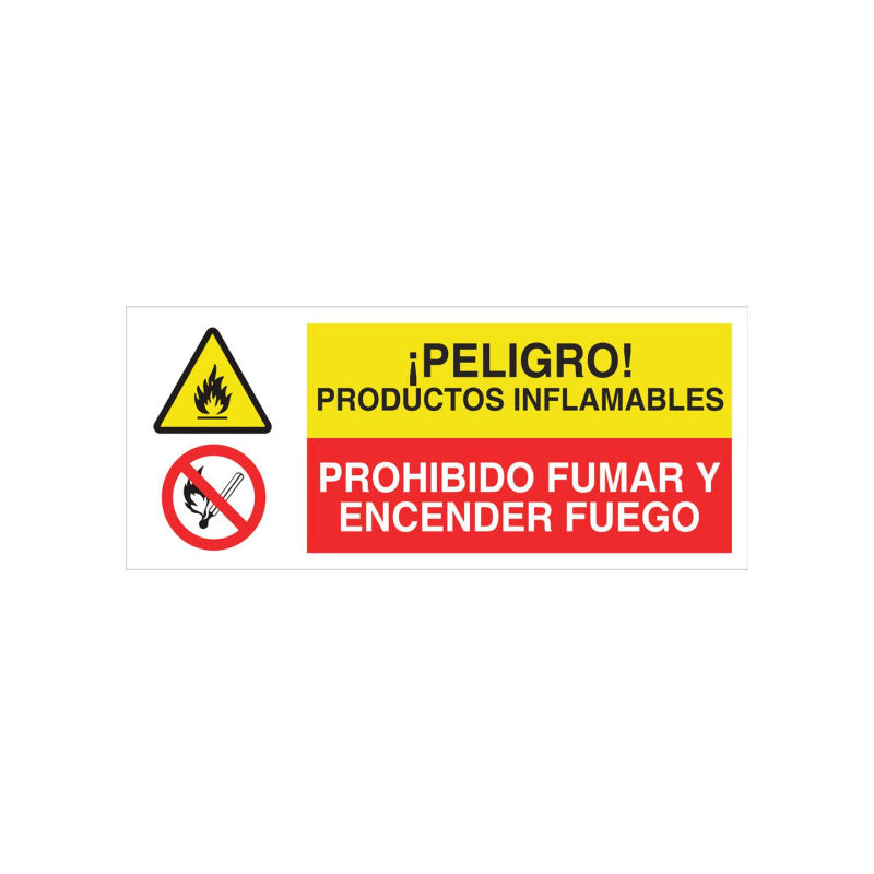 

Señal combinada PELIGRO PTOS INFLAMABLES - PROHIBIDO FUMAR Y Enc FUEGO | 507X210 mm