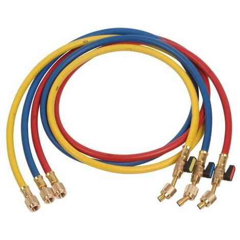 Plombservice – Lot de 3 flexibles de climatisation 150cm – Couleurs bleu, rouge, jaune – Connexions 1/4' – 5/16' – Utilisations R32, R410