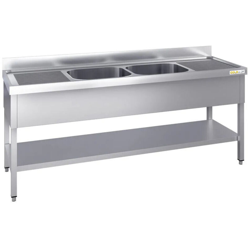 Plonge inox 1800x600mm avec 2 bacs au centre et égouttoir gauche et droite PREMIUM - GOLDINOX