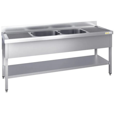 Plonge inox 1800x700mm avec 2 bacs au centre et égouttoir gauche et droite PREMIUM - GOLDINOX