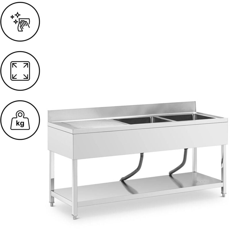 Plonge inox 2 éviers inox 180 x 60 x 97 cm - Plonge professionnelle Évier cuisine