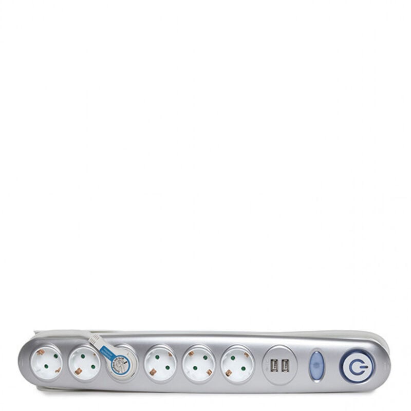 Prise de courant 6 x Prise + Commutateur Lumineux + 2 x Usb Chargeur 2100 Ma 5V - IP20 - Blanc / Argent