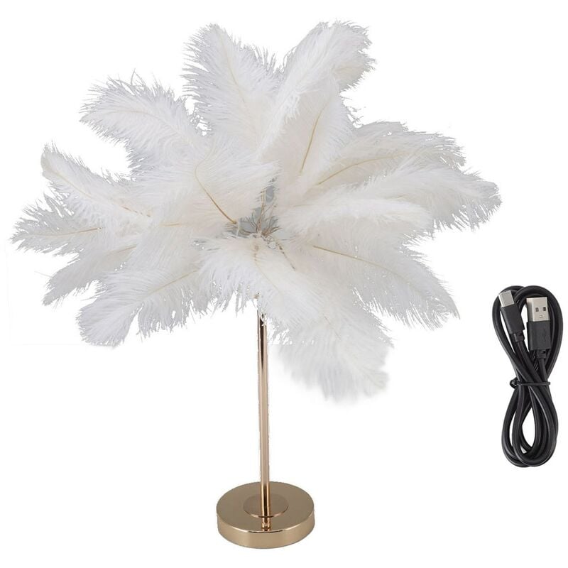Jeffergarden Plume Lampe De Table Interrupteur Tactile USB Plume D'autruche Lampe 3 Couleur Gradation Lampe De Bureau avec Base En Métal Doré 30pcs