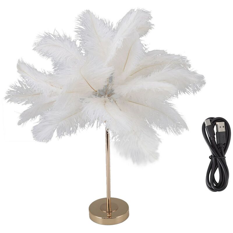 Eosnow - Plume Lampe De Table Interrupteur Tactile usb Plume D'autruche Lampe 3 Couleur Gradation Lampe De Bureau avec Base En Métal Doré 30pcs Plume