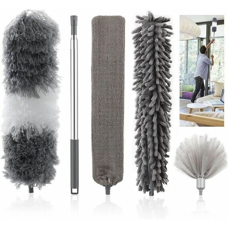 KZQ - Plumeau 5 en 1 télescopique avec tête de loup en microfibre lavable et pliable, équipé d'une poignée en acier inoxydable. Idéal pour enlever la