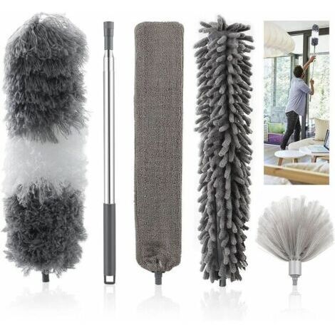 Plumeau 5 en 1 télescopique avec tête de loup en microfibre lavable et pliable, équipé d'une poignée en acier inoxydable. Idéal pour enlever la poussière des toiles d'araignée, des ventilateurs de pla