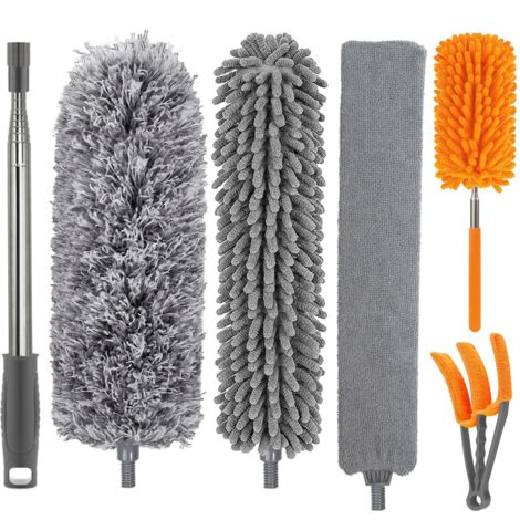 Plumeau Poussière, Microfibre avec Poignée Télescopique en Acier Inoxydable, Pliable Lavable pour Nettoyage Poussière Plafond Rideau Lustre., Gris
