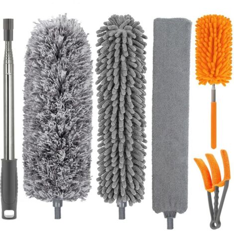 Plumeau Poussière, Microfibre avec Poignée Télescopique en Acier Inoxydable, Pliable Lavable pour Nettoyage Poussière Plafond Rideau Lustre., Gris