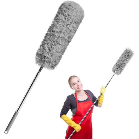Plumeau Telescopique 254cm, Tete de Loup Telescopique Microfibre Pliable Flexible Poignée en Acier Inoxydable, Lavable Parfait pour Nettoyage des Ventilateurs de Plafond, Toile d'araignée