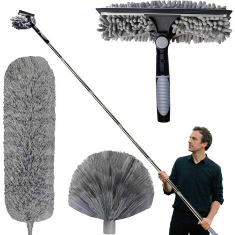 Plumeau télescopique 6 m, tête de loup télescopique avec rallonge réglable 1,5-6 m, balai araignée tête de loup, raclette à vitres, tête de plumeau ch