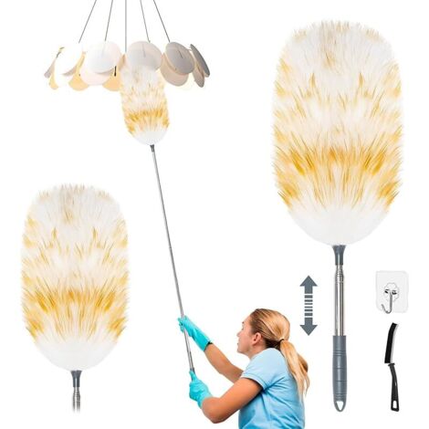 Plumeau télescopique en laine d'agneau, lavable, extensible jusqu'à 130 cm, absorption de la poussière électrostatique pour plafonds, surfaces hautes, surfaces sensibles, dépoussiérage sans rayures