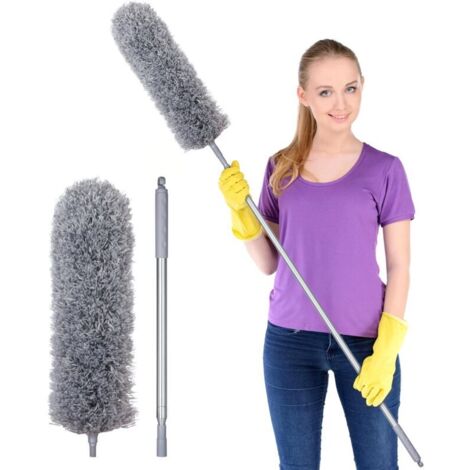Plumeau télescopique Lavable, en Microfibre et Acier Inoxydable, Tige télescopique et Balai d'angle Flexible, Lavable, plumeau Long Extensible Extra Long jusqu'à 254 cm, pour couvertures Toiles
