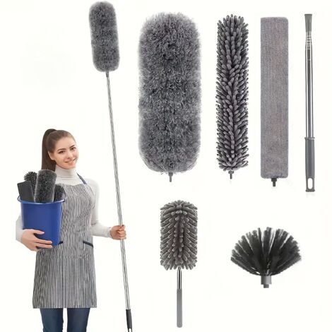 Plumero Telescópico de 6 Piezas 250 cm, Plumeros de Microfibra Lavables con Diferentes Cabezales de Limpieza, Plumero Telescópico para Ventilador de Techo, Telaraña, Muebles, Coches