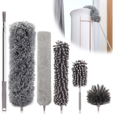 Plumero telescópico de 6 piezas, cabeza de lobo, longitud 25-252 cm, plumero de microfibra lavable, escoba de telaraña, ideal para techos, muebles y persianas.