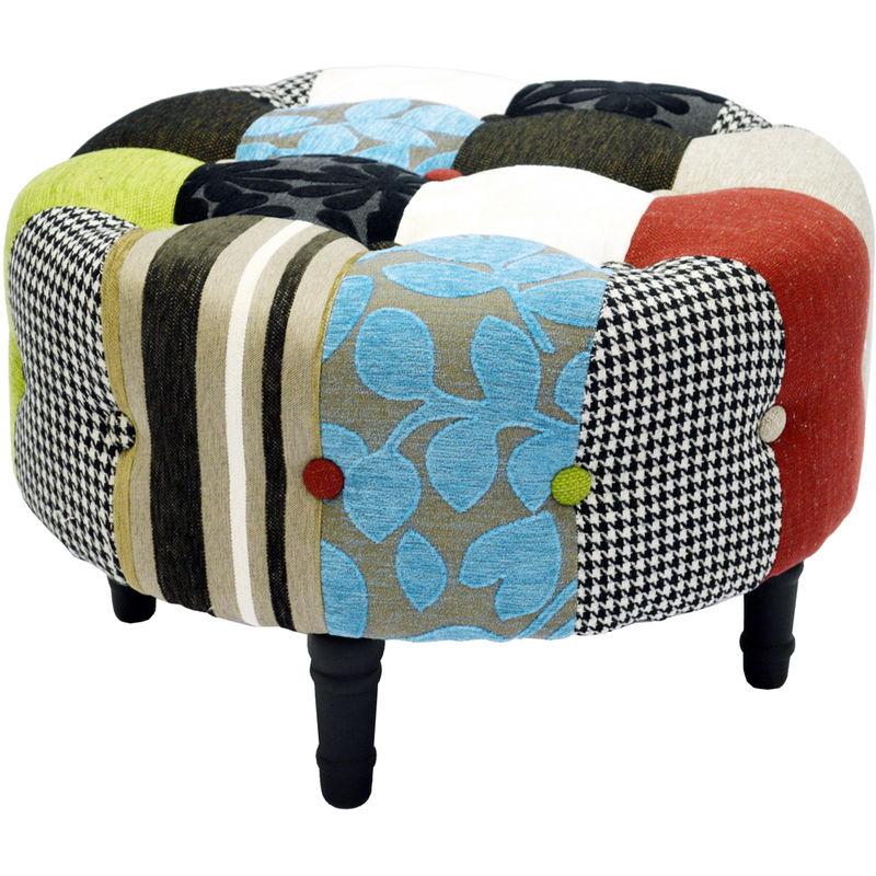 PLUSH PATCHWORK - Round Pouffe Padded Footstool with Wood Legs - Blue / Green / Red