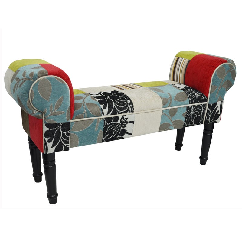 Watsons - PLUSH PATCHWORK - Shabby Chic Chaise Pouffe Stool / Wood Legs - Blue / Green / Red