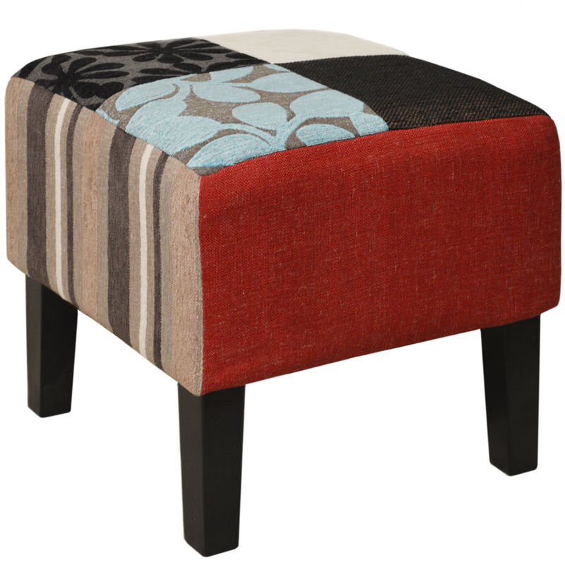 Watsons - PLUSH PATCHWORK - Shabby Chic Square Pouffe Stool / Wood Legs - Blue / Green / Red