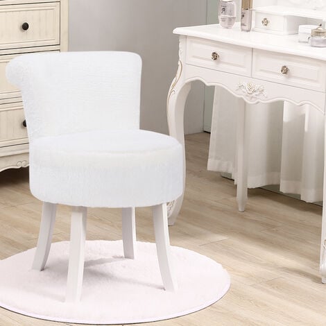 Plush Shaggy Plush Vanity Stool White Wooden Legs, White