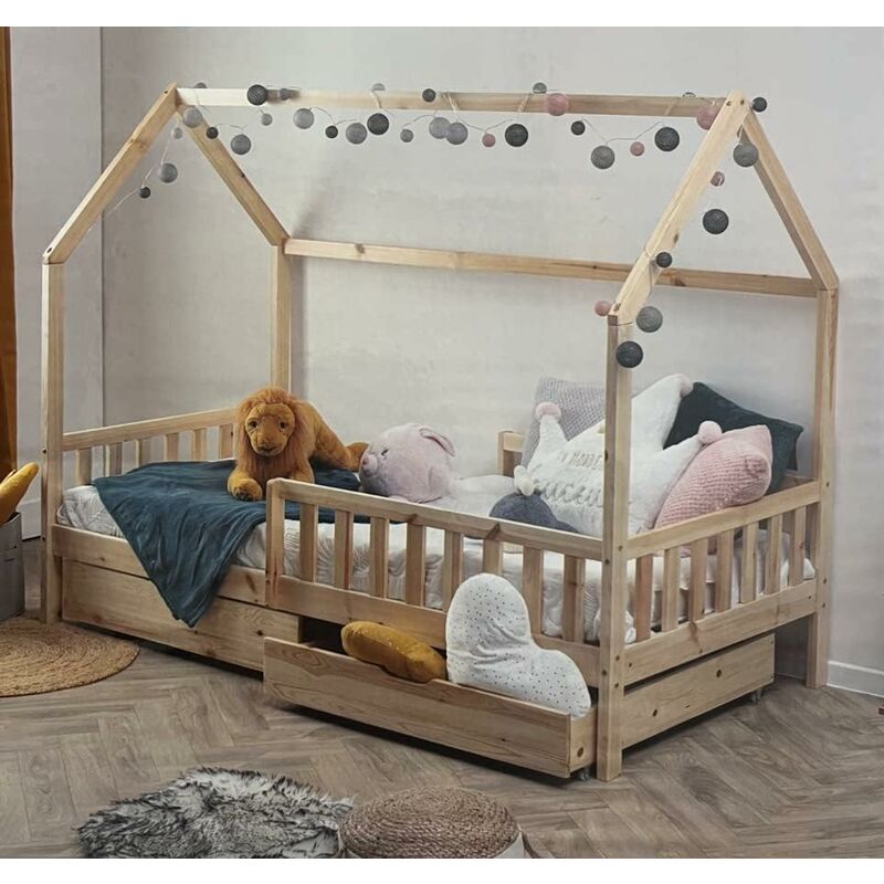 Kontarboor - Lit cabane pour Enfant en Bois Naturel 90x190 cm avec 2 tiroirs + matelas 90 x 190 cm.(Fabrication Européenne)