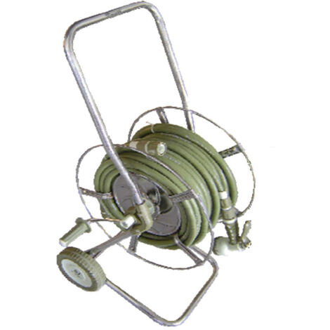 PLUVIA Carro metálico con ruedas para mangueras + manguera de 30m fabricado en metal y plástico color cromo y verde