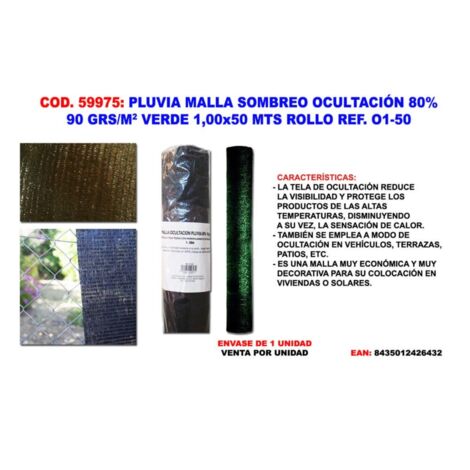 pluvia malla sombreo-ocultacion  90g-m2 verde 1,00x50 mt roll