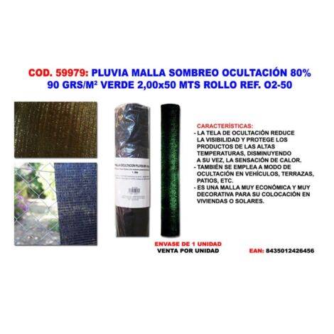 PLUVIA MALLA SOMBREO/OCULTACION  90G/M2 VERDE 2,00x50 MT ROLL