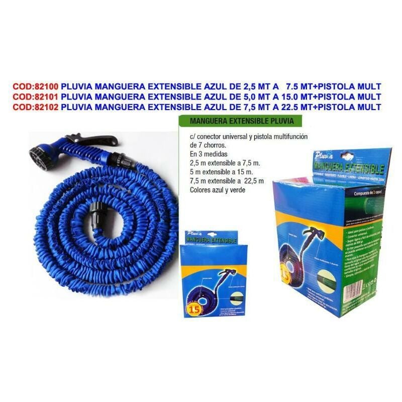 

pluvia manguera extensible azul de 5,0 mt a 15.0 mt+pistola mult - Mibricotienda