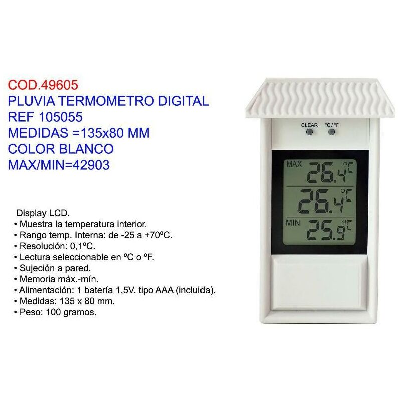 

MIBRICOTIENDA pluvia termometro digital 105055 135x80 mm blanco max-min 42903