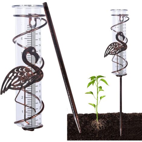 Pluviómetro de vidrio con estaca de metal, pluviómetro decorativo de hierro forjado, herramienta para medir la lluvia, pluviómetro decorativo para jardín, patio y exterior (Flamingo)