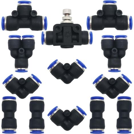 Pneumatikverbinder, 13-teiliges Schnellkupplungs-Luftdruckset, Schlauchverbinder für 10-mm-PU/PE/Nylon-Schläuche (Typ Y + T + L + I + kombiniertes Schlauchdrosselventil)