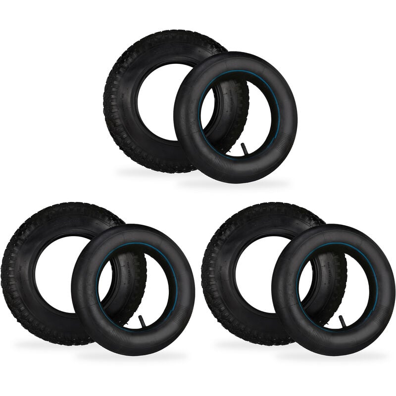 Roue de diable avec chambre à air, lot de 3 pneus rechange 3.50-8, charge max. 154 kg, noire - Relaxdays
