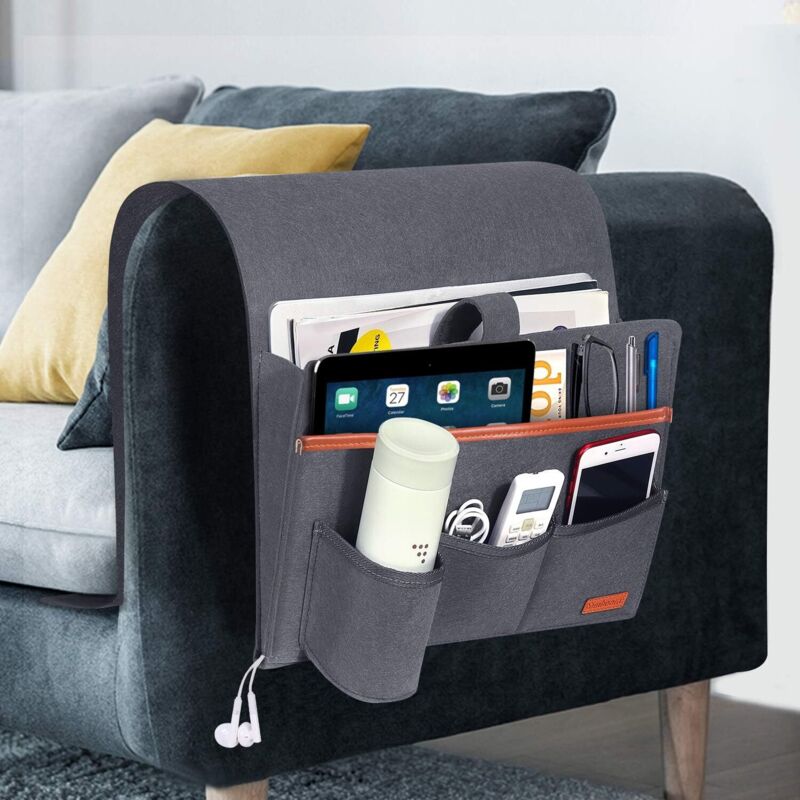 Poche de Canapé Chaise Sac de Rangement en Feutre, Organiseur Housses de Canapé pour Télécommande, Tablette, Câble de Recharg, Magazine, Lunettes,